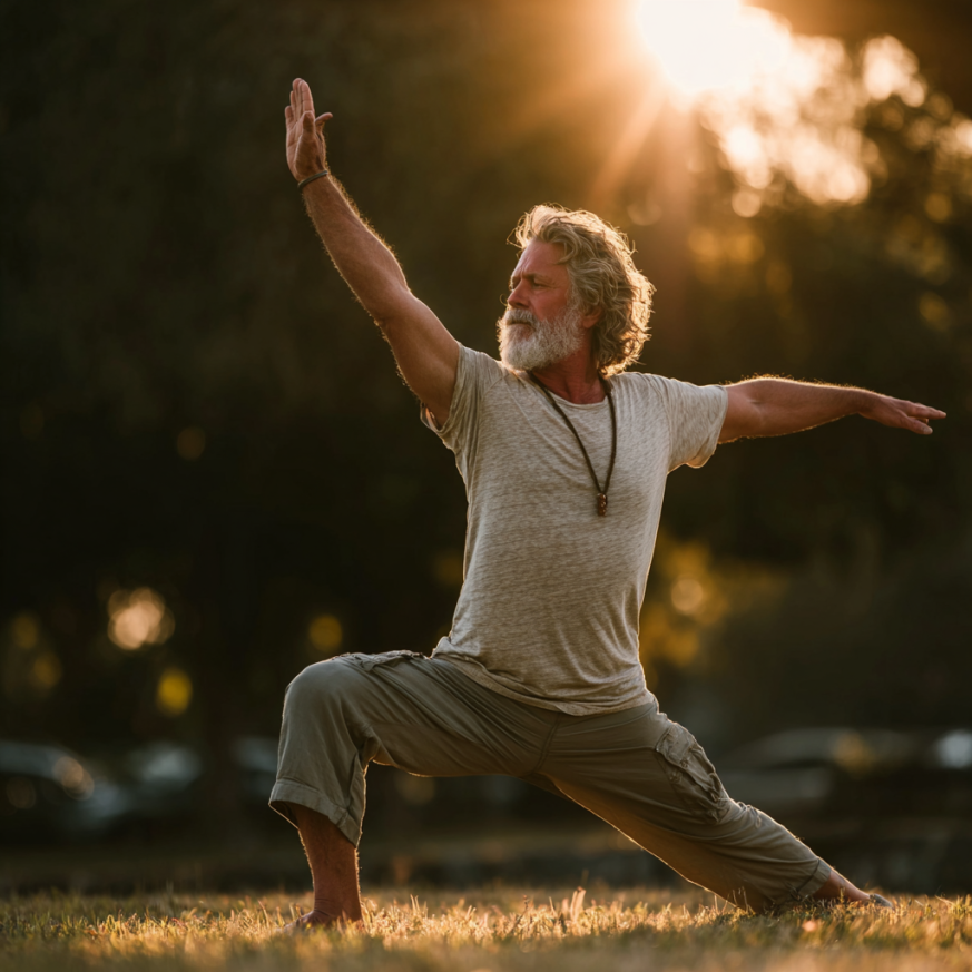 Літня жінка займається йогою